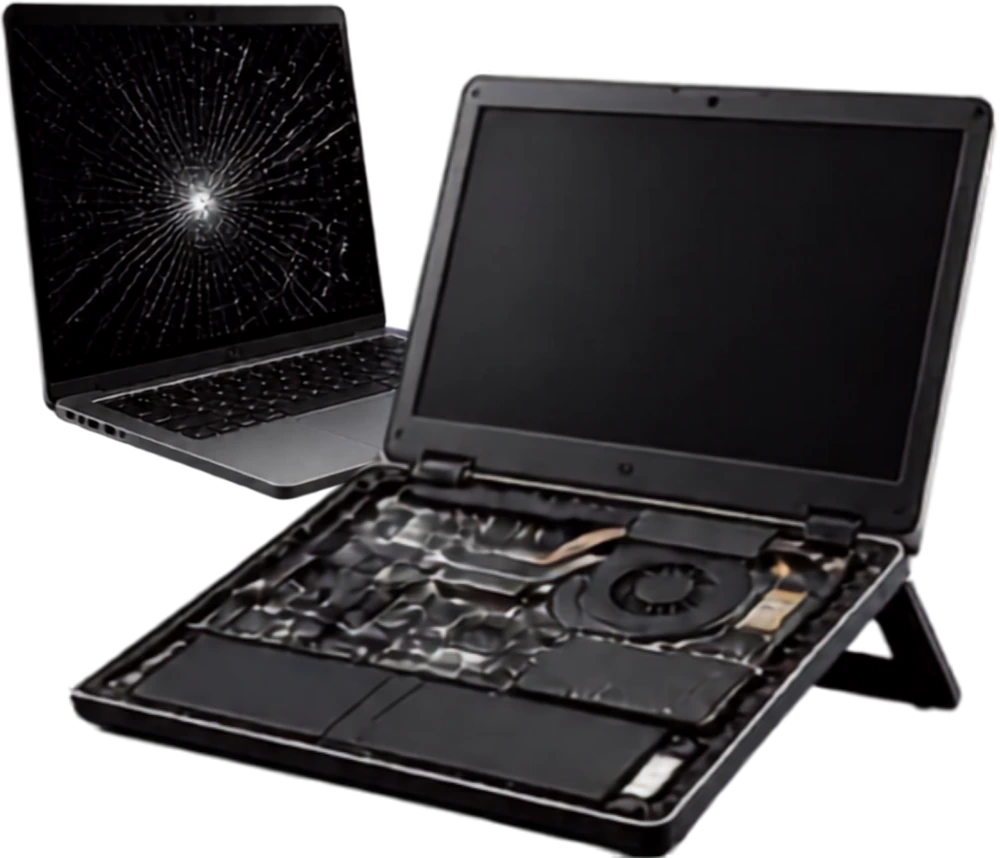 Notebook com a tela trincada ao lado de outro aberto, mostrando as peças por dentro